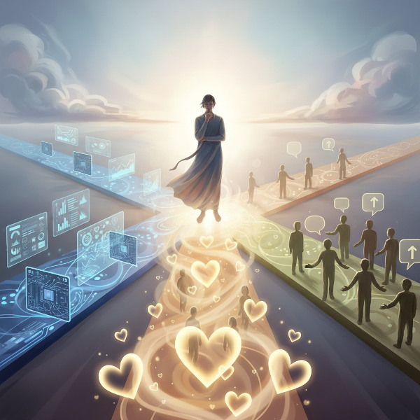 Egy személy szimbolikus kereszteződésben áll, három különböző döntéshozatali stílust jelképező út előtte, misztikus fénnyel.