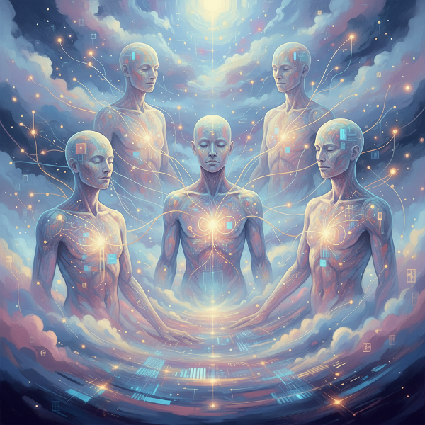 Egy absztrakt illusztráció, amely a digitális világ és a személyes kapcsolatok összefonódását ábrázolja, sugaras vonalakkal és lágy színekkel.