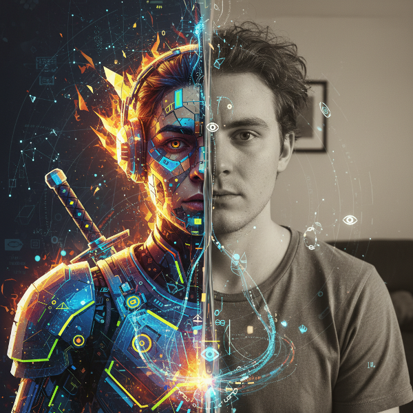 Egy digitális önarckép, amely egyesíti az online és offline énképet, adatfolyamokkal összekötve a két világot.