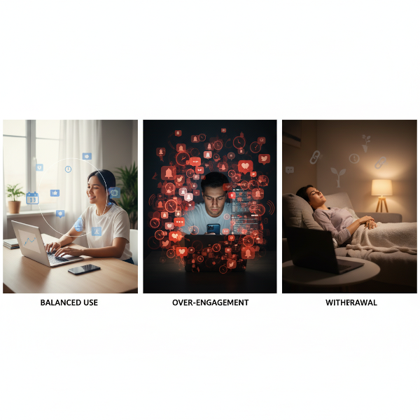 Egy személy a digitális technológia három különböző viszonyulási módját szemlélteti: tudatos egyensúly, túlzott bevonódás és tartózkodó elmozdulás.