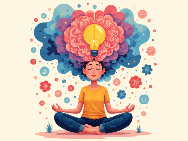 Egy személy meditációs pózban, körülötte érzelmeket szimbolizáló absztrakt színek, egy nyugodt arccal és egy látható aggyal, amelyben fogaskerekek és izzók láthatók.