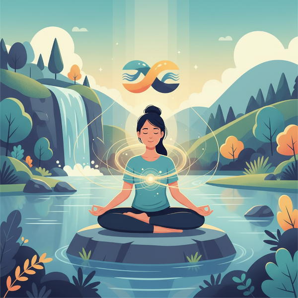 Egy nyugodt személy meditál a természetben, ami az érzelmi egyensúlyt és stresszkezelést szimbolizálja.