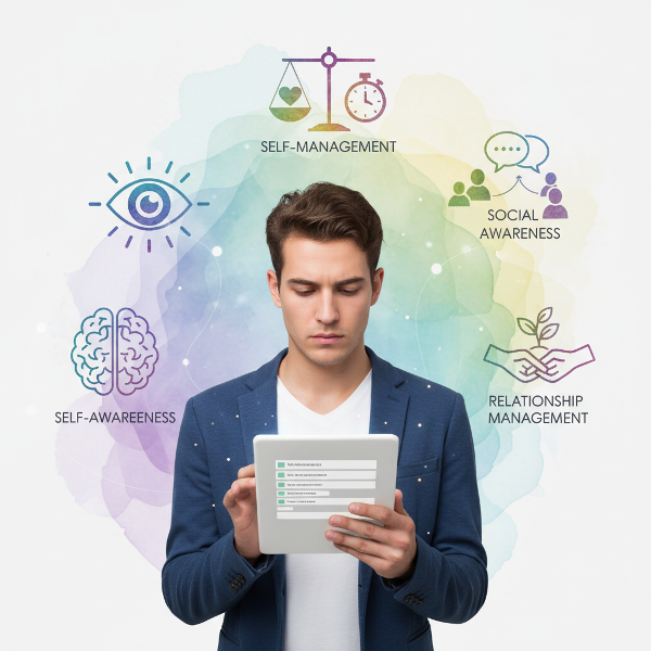 Egy személy, aki gondolkodva tölt ki egy tesztet, körülvéve érzelmi intelligencia szimbólumokkal.