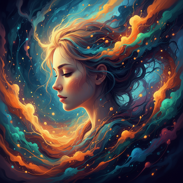 Egy személy, aki érzelmeit és gondolatait vizsgálja, színes, lebegő formák és agyminták közepette.