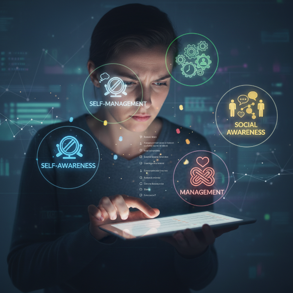 Egy személy érzelmi intelligencia tesztet tölt ki egy táblagépen, körülötte lebegő szimbólumokkal, amelyek a teszt kulcsfontosságú területeit jelképezik.