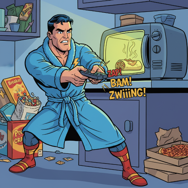 Egy vicces, hétköznapi szuperhős karikaturisztikus stílusban, aki a mindennapi bosszúságok ellen készül harcolni.