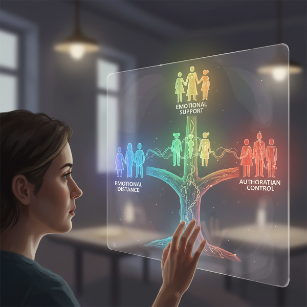 Egy személy egy családfa diagramot néz, amely három különböző nevelési stílust ábrázol: érzelmi távolságtartás, érzelmi támogatás és autoriter irányítás.