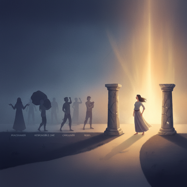 Egy személy a családi múltból származó szerepek árnyékai között, egy világosabb jövő felé tartva.