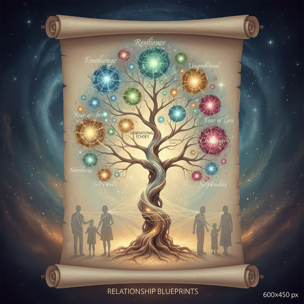Egy szimbolikus családfa, amelyen az érzelmi minták és láthatatlan szálak világítanak, megjelenítve az örökölt hiedelmeket és belső üzeneteket, melyek a felnőtt kapcsolati dinamikákat befolyásolják.