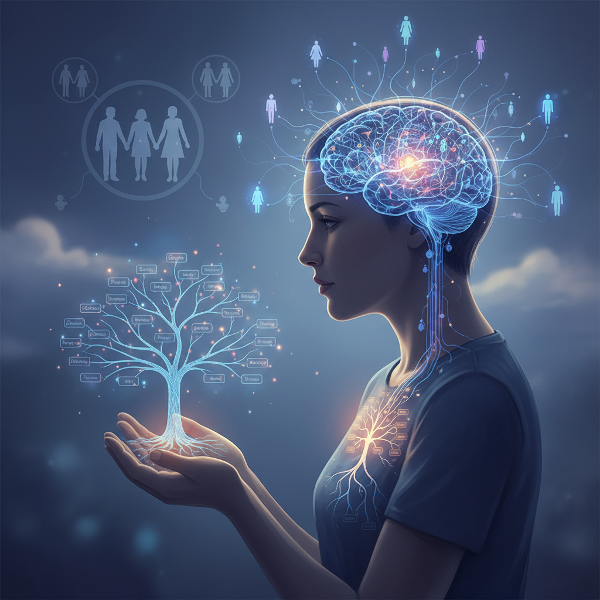 Egy személy egy családfát néz, amely agyi idegkapcsolatokká alakul, szimbolizálva a gyermekkori családi minták felnőttkori kapcsolatokra gyakorolt hatását.