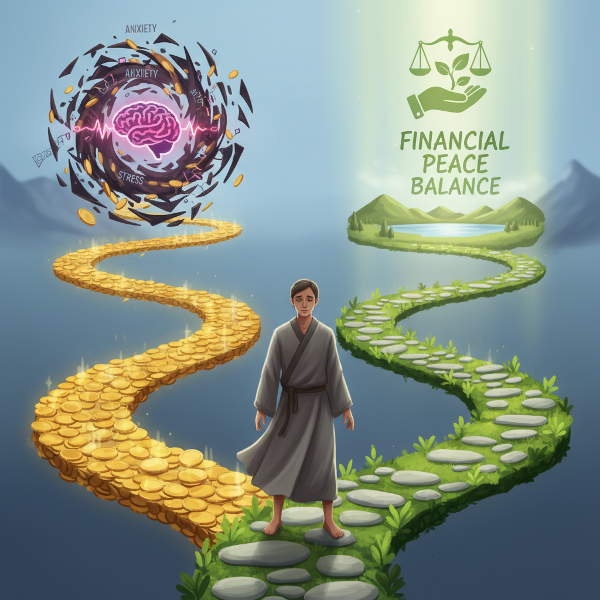 Egy személy a pénzügyi döntések keresztútján áll, ahol a félelem és a bőség útjai szétválnak.