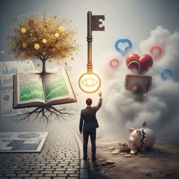 Egy személy a pénzügyi döntések keresztútján áll, ahol a tudatos tervezés és az érzelmi minták útjai elágaznak.