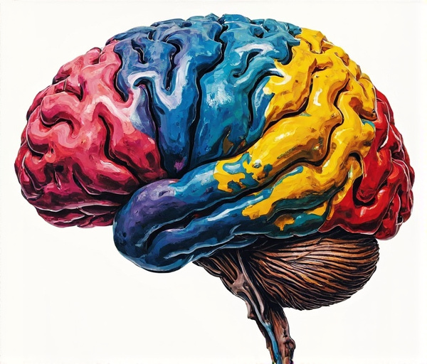 Négy színes agy szimbolizálja az érzelmi intelligencia területeit: önismeret, reakciókezelés, empátia és kapcsolatok.