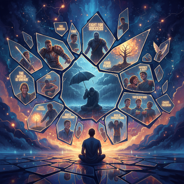 Egy személy töredékes tükör előtt, melynek darabjaiban a szokásos életnarratívák által formált énképek tükröződnek.