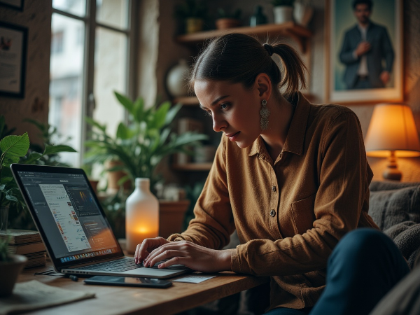 Egy kiegyensúlyozott munka-élet egyensúlyt ábrázoló illusztráció egy modern irodai környezetben.