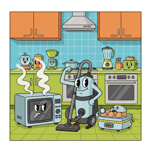 Háztartási eszközök humoros személyiséggel, mint egy rajzfilmben.