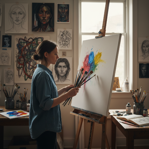 A belső művész az identitás vásznán fest, ecsettel a kezében, vázlatok és absztrakt művek között.