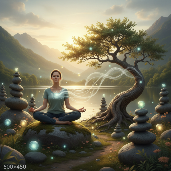 Egy nyugodt személy meditál a természetben, kiegyensúlyozott kövekkel, energiagömbökkel és egy hajló, rugalmas fával, amely a belső harmóniát, életerőt és alkalmazkodóképességet szimbolizálja.