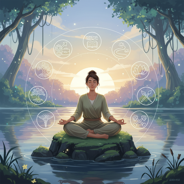 Egy kiegyensúlyozott életet szimbolizáló kép, melyen egy nyugodt személy meditál, körülötte az élet különböző területeit jelképező ikonokkal.
