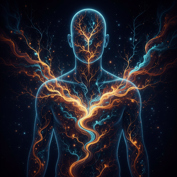 Egy személy sziluettje belső, izzó idegpályákkal és érzelmi áramlatokkal, amelyek a gondolkodás és érzelmek belső navigációs rendszerét szimbolizálják.