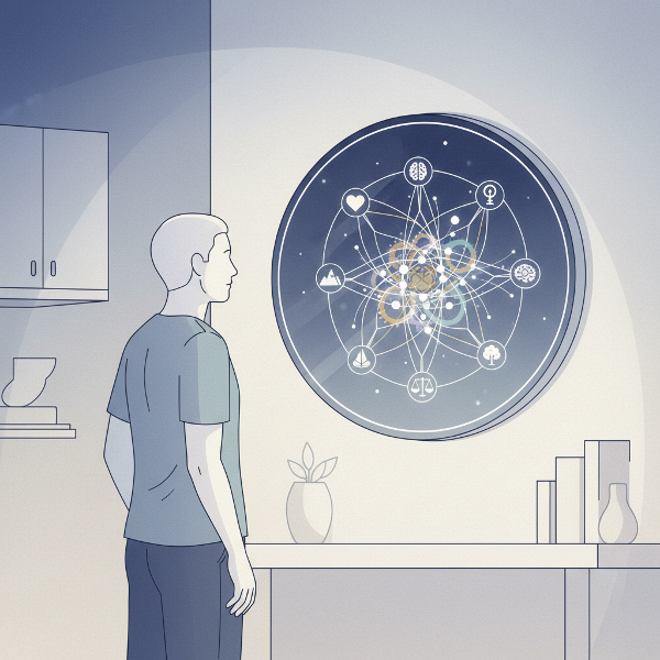 Egy személy tükörbe néz, de a tükörkép egy összetett, absztrakt értékrendet és énképet mutat.