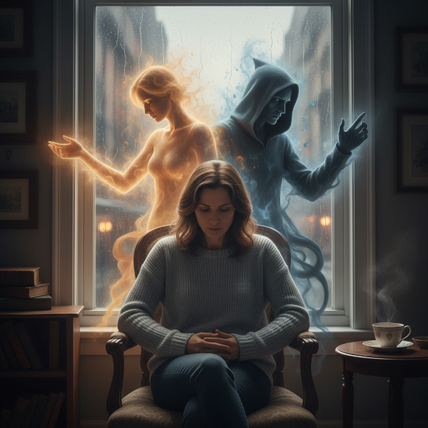 Egy személy, aki csendben ül, mélyen elgondolkodva, a belső hangot egy gyengéd, támogató fény vagy egy szigorú, kritikus árnyék képviseli a háttérben, szimbolizálva a belső párbeszédet mindennapi helyzetekben.