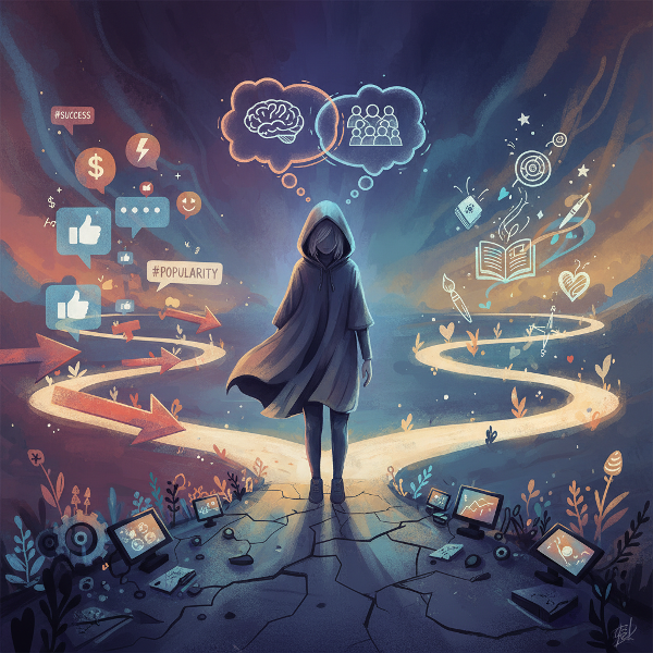 Egy személy egy útelágazásnál áll, ahol az egyik út belső motivációt, a másik külső tényezőket szimbolizál.