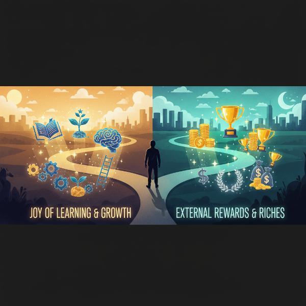 Egy személy a motiváció két útján: a belső öröm és a külső jutalom között.