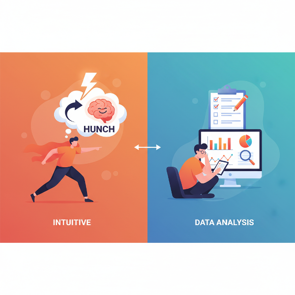 Egy kettéosztott kép, amely szemlélteti a gyors, intuíció alapú döntéshozatalt és az elemző, tervező megközelítés kontrasztját.