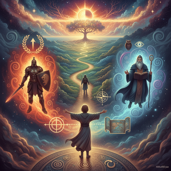Egy misztikus illusztráció, amely a jungi archetípusokat, mint a Hős, a Bölcs és a Vándor, szimbolizálja egy személy belső útkeresésének metaforájaként.