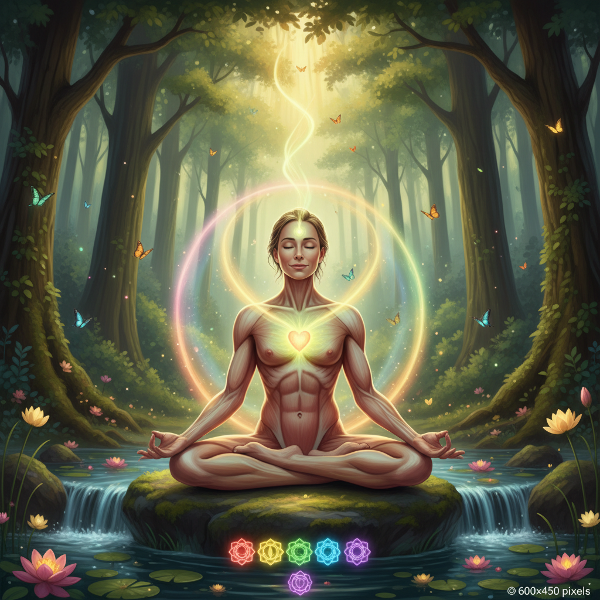 Egy nyugodt személy meditál a természetben, ahol látható a test és a lélek kapcsolata.