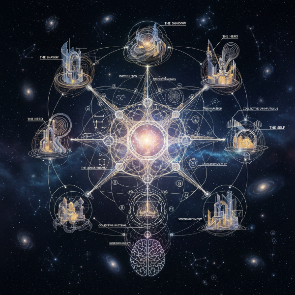 Egy misztikus építészeti alaprajz lebeg a kozmikus űrben, finom vonalak alkotják az archetípusok elmétérképét, amelyek égi fénnyel ragyognak, szimbolikus struktúrákat ábrázolva.