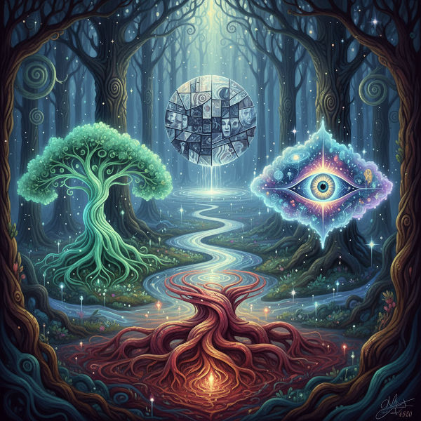 Egy misztikus, tudatalatti kert, amelyben a Gondozó, Álmodozó, Tükör és Gyökér archetípusok szimbolikus, fénylő formáiként jelennek meg.