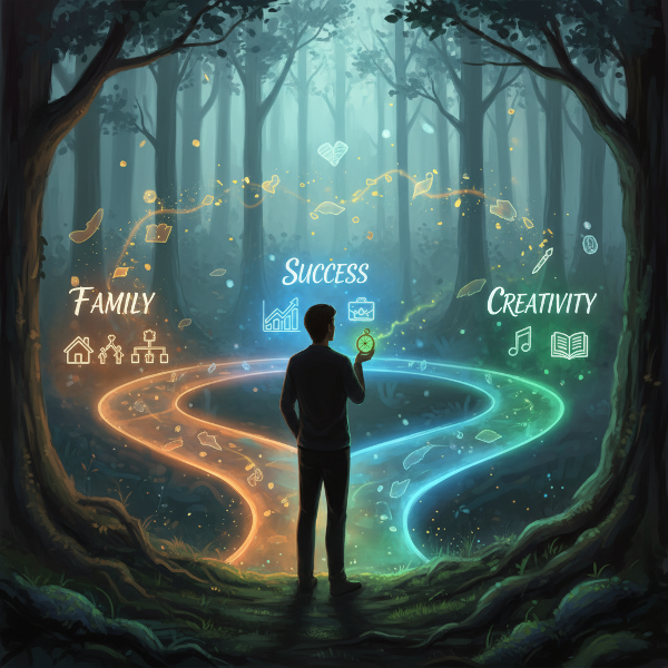 Egy személy egy jelképes útkereszteződésnél áll, ahol minden út egy másik belső értéket képvisel.