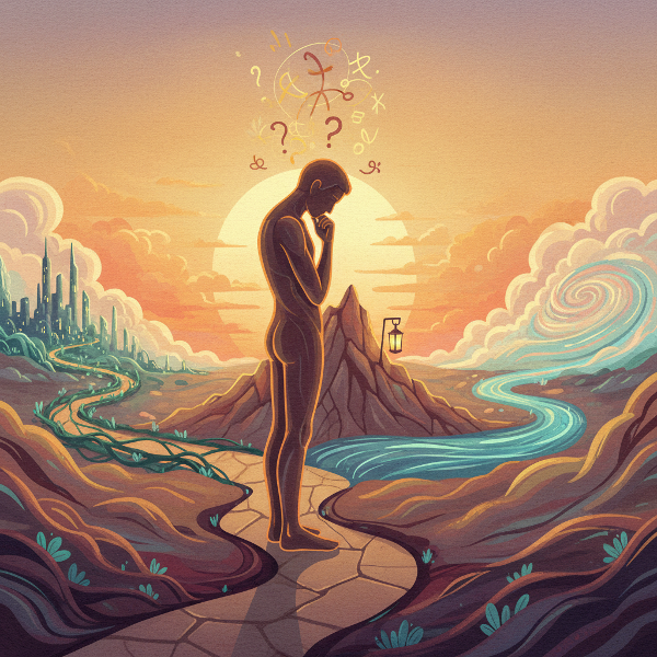 Egy személy egy szimbolikus kereszteződésben áll, három különböző életutat szemlélve, melyek a választás lehetőségeit jelképezik.