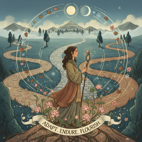 Egy személy áll egy több útvonal kereszteződésében, egy kanyargós, ködös hegyvidékre vezető utat nézve, ami a változással való bánásmódot és alkalmazkodóképességet szimbolizálja.