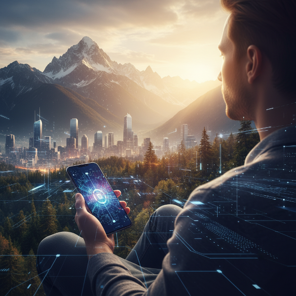 Egy személy, aki okostelefont tart, de a tekintete a távoli természeti tájon pihen, szimbolizálva a digitális és valódi világ egyensúlyát.
