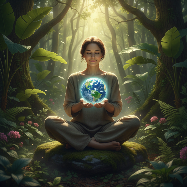 Egy személy meditál egy buja erdőben, a kezében egy egészséges Földgömb lebegve, ami a természettel való kapcsolatot és a bolygó egészségét szimbolizálja.