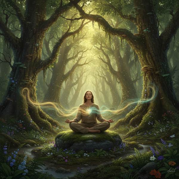 Egy személy meditál egy buja erdőben, ahol egy csillogó, égi energia áramlik a szíve és a környező természet között, szimbolizálva a Földdel való spirituális kapcsolatot.