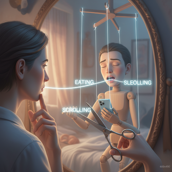 Egy személy tükörképe, ahol bábuszálak vezérlik a mindennapi szokásait, és egy kéz ollóval próbálja elvágni az egyiket.