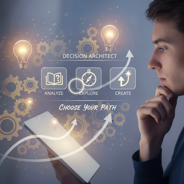 Egy személy személyiségtesztet tölt ki, három választási lehetőség között gondolkodva, ami a döntéshozatali stílusát és motivációit tükrözi.