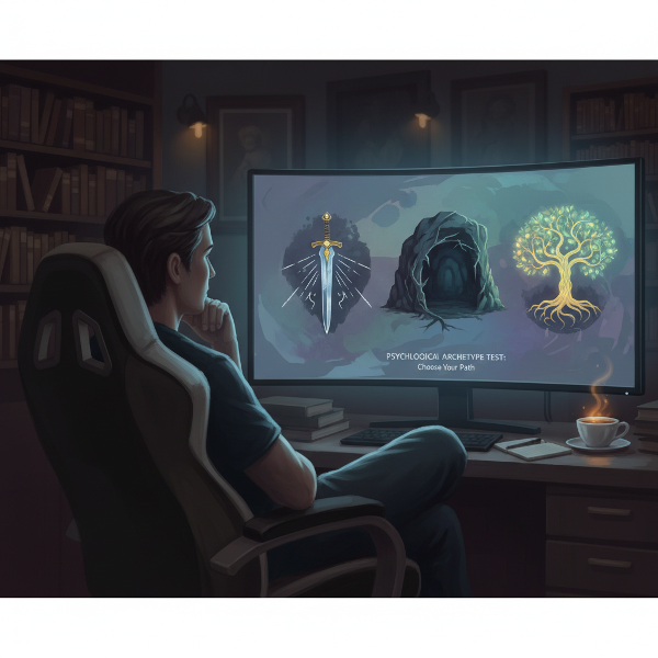 Egy személy veszi a Jung-féle archetípusokon alapuló online pszichológiai tesztet, három szimbólum előtt elmélkedve.
