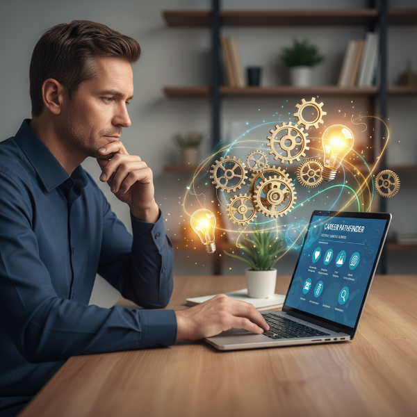 Egy személy, aki gondolkodva tölti ki egy online karriertesztet, körülvéve belső hajtóerőket és munkapreferenciákat szimbolizáló elemekkel.