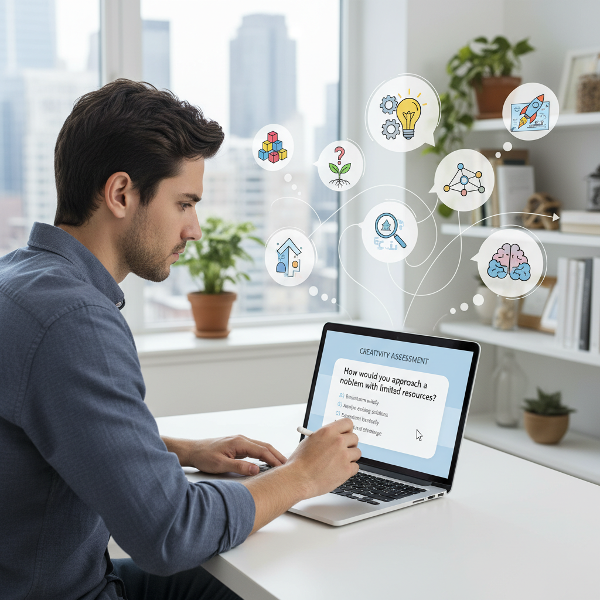 Egy személy kreativitást mérő online tesztet tölt ki laptopon, gondolatbuborékokkal és innovációs szimbólumokkal körülvéve.