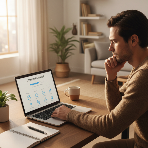 Egy személy, aki egy pszichológiai tesztet néz a laptopján, nyugodt, gondolkodó arckifejezéssel, stresszkezelés témakörben.