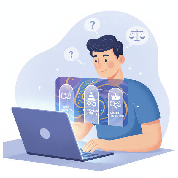 Egy személy, aki online társadalmi attitűd tesztet tölt ki, három eltérő ideológiai irányt jelképező úttal a képernyőn.