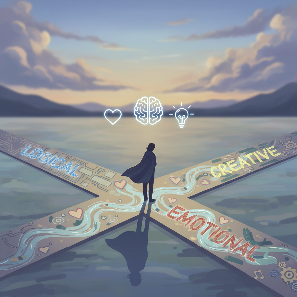 Egy személy egy útelágazásnál áll, három különböző úttal előtte, amelyek a logikus, érzelmi és kreatív megközelítéseket szimbolizálják.