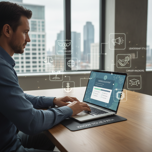 Egy személy egy professzionális, online karriertesztet tölt ki, amely a motivációt, munkastílust és értékeket feltárja.