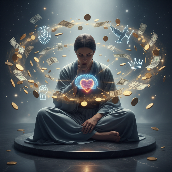 Egy személy, aki elgondolkodva ül, lebegő pénzérmei és bankjegyek között, melyek biztonság, szabadság és hatalom szimbólumaival keverednek, a pénz érzelmi gyökereit ábrázolva.
