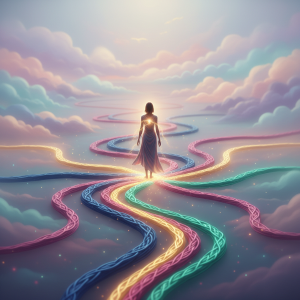 Egy személy a kapcsolati utak lágy, absztrakt kereszteződésében áll.